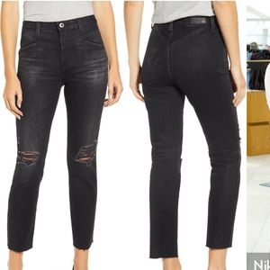 AG black high waisted ripped raw hem ankle jeans